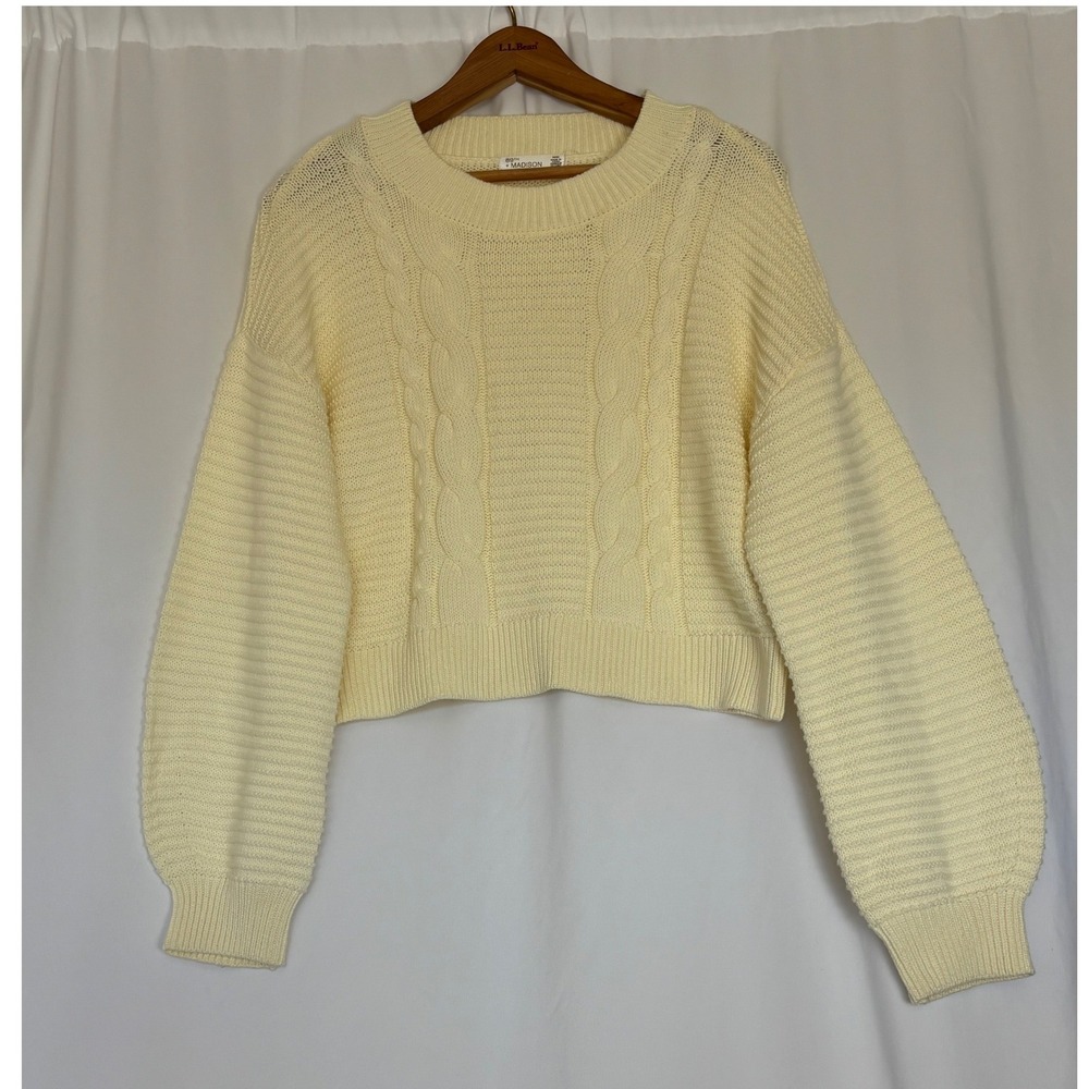 89th‎ + Madison Women Cream Yellow Cable Knit Cotton Cropped Sweater Size Medium